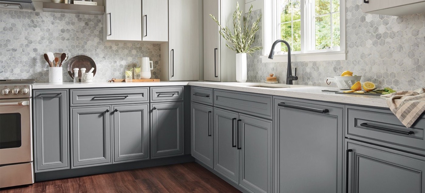 Top Knobs Morris Collection (Delphine) kitchen, gray cabinets, available at Shoreline Cabinet Company in Wilmington, NC