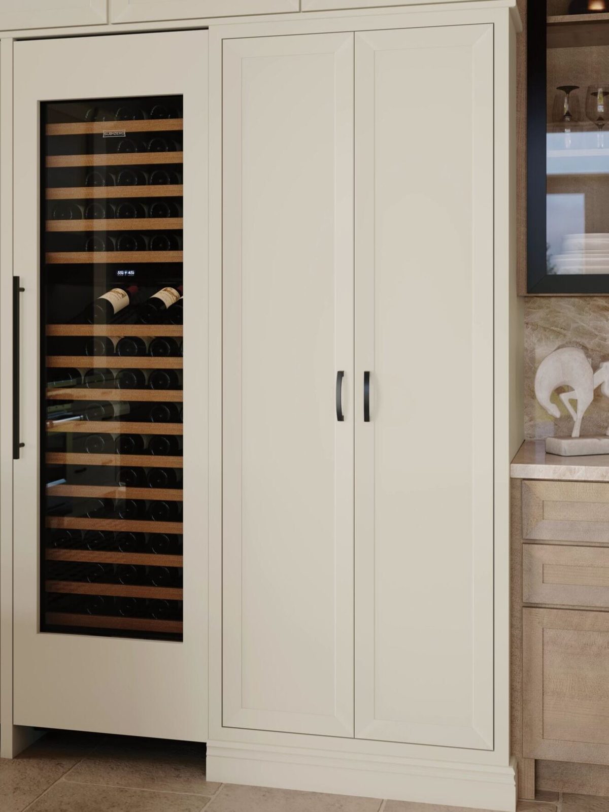 Built-in wine column in a pantry by Shoreline Cabinet Company, Wilmington NC