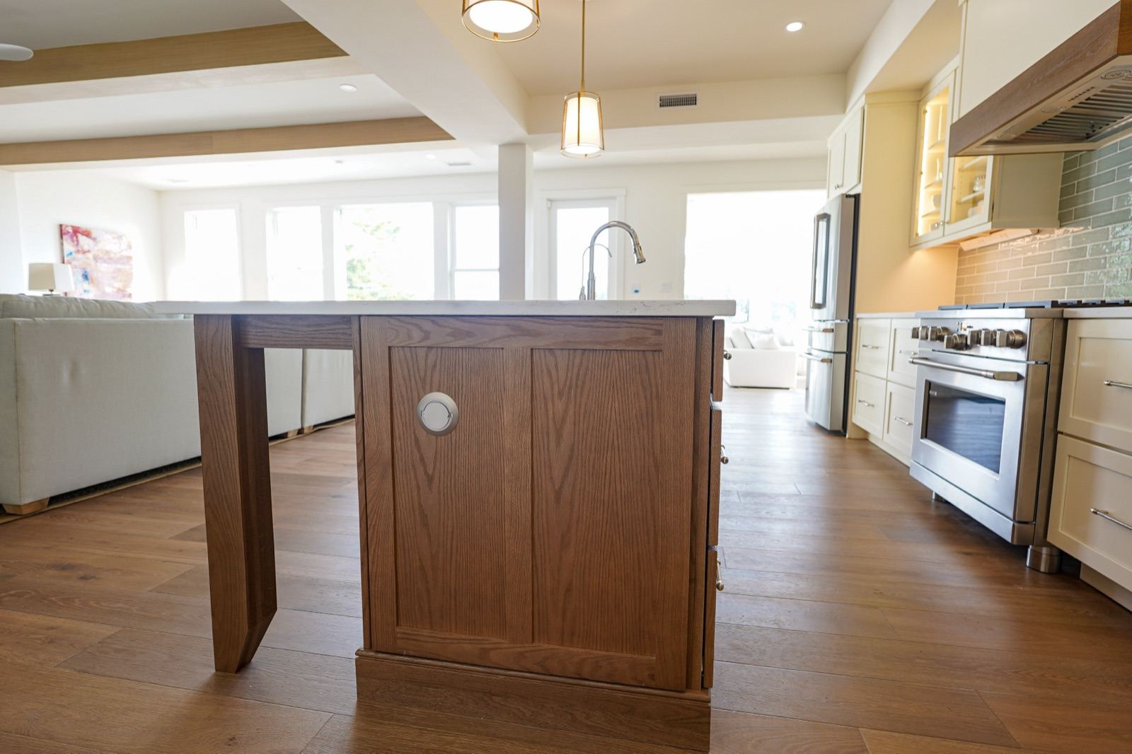 Finished end panel on a stained oak island by Shoreline Cabinet Company, Wilmington NC